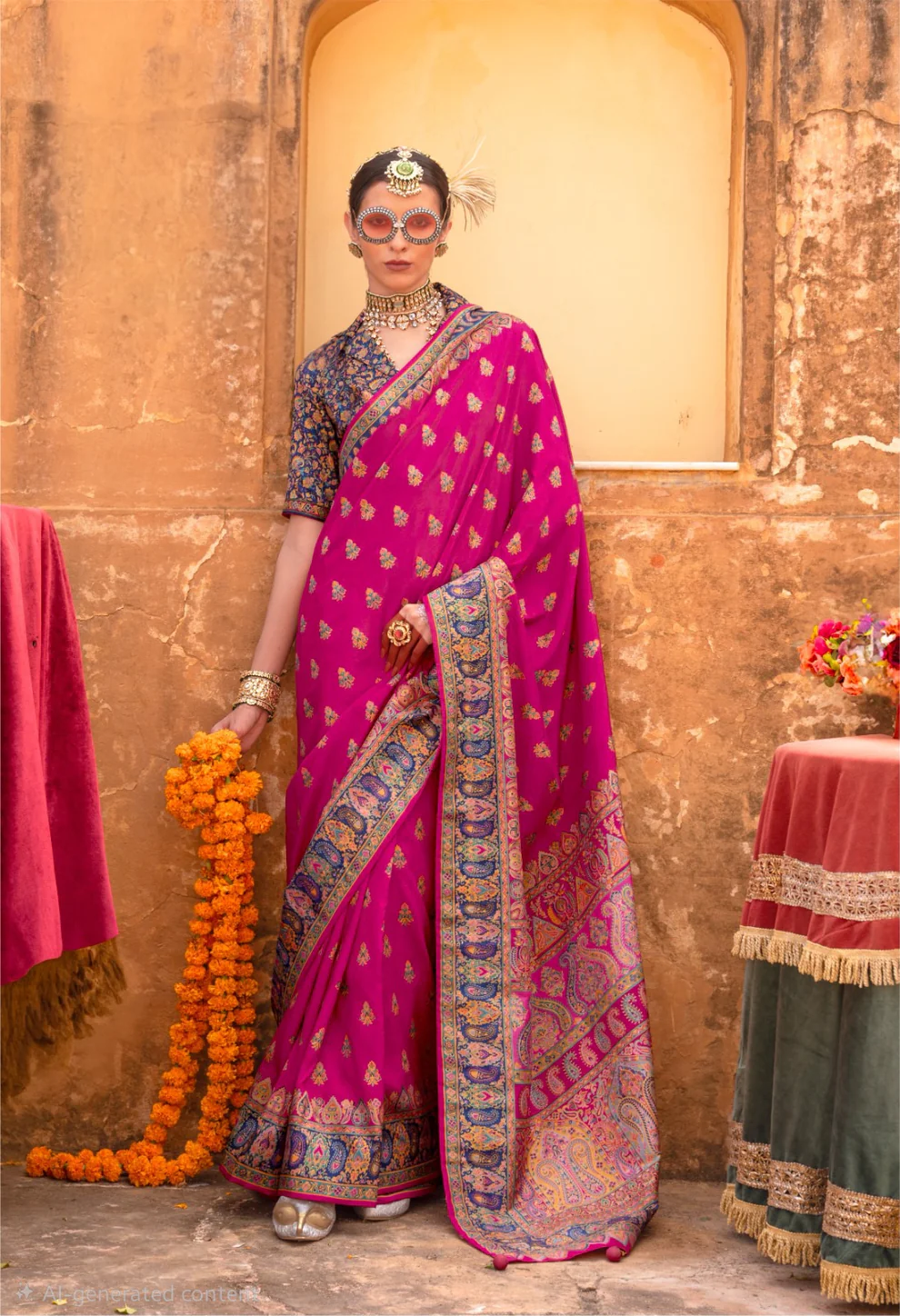 Premium Kashmiri Print Silk Rani Saree